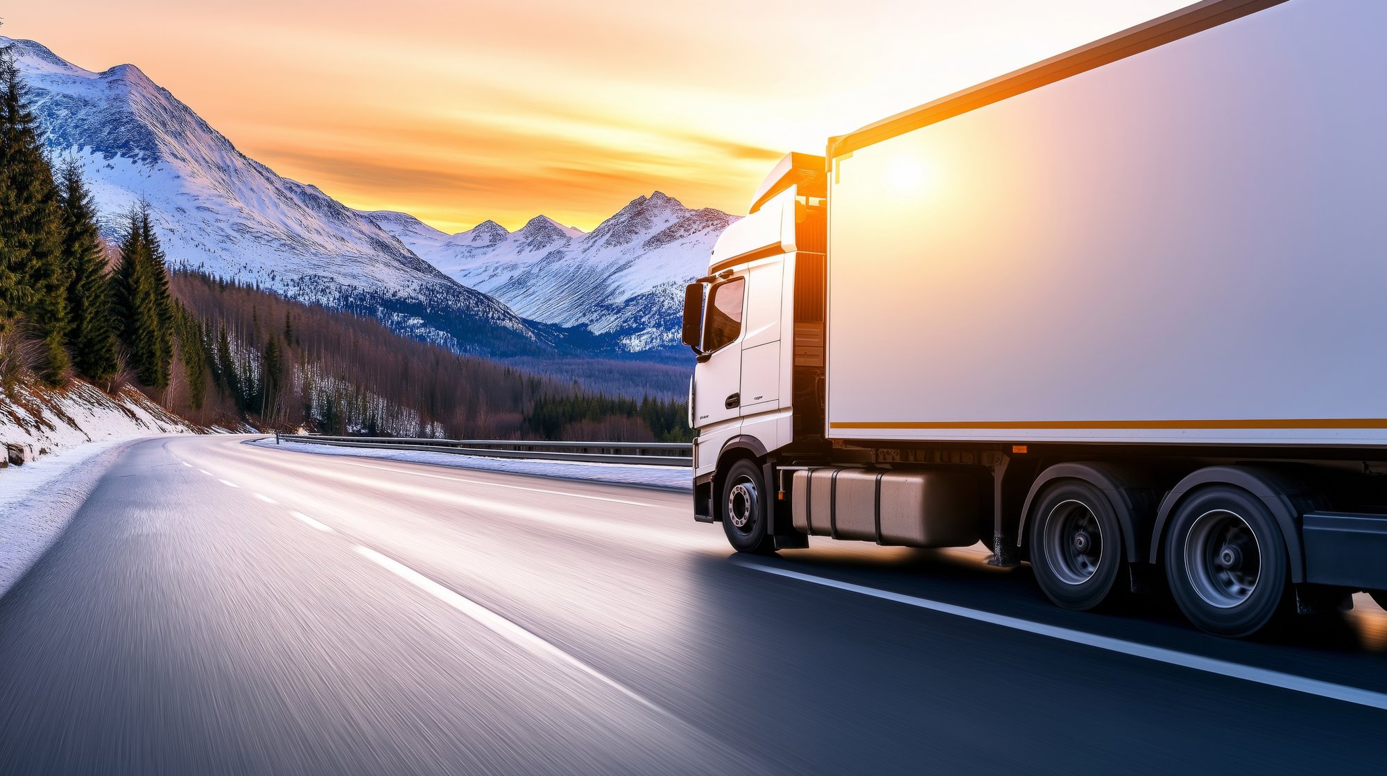 Camion su strada verso montagna innevata